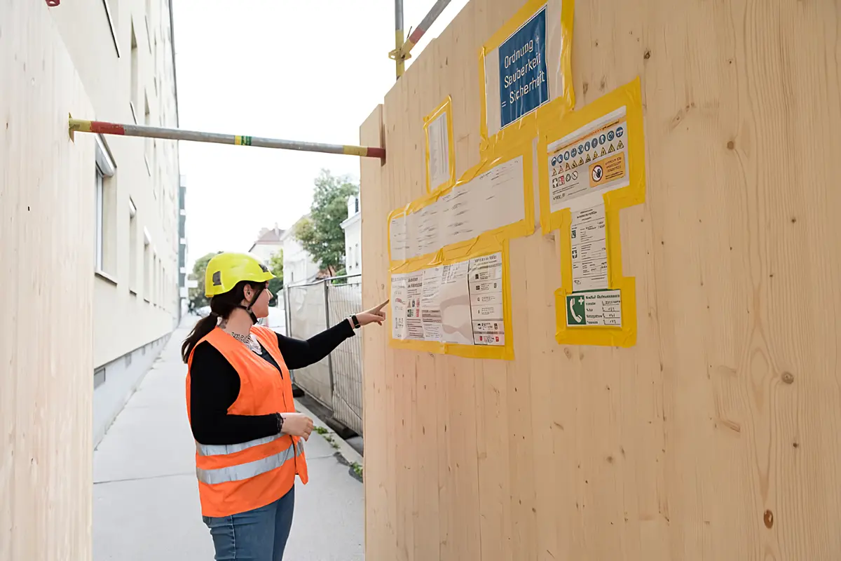 Eine Frau in Sicherheitsweste zeigt auf Wand Eine Frau in einer Sicherheitsweste zeigt auf eine Wand